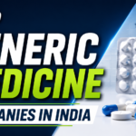 Modern pharmaceutical blog thumbnail featuring medicine capsules, bottles, and bold text about top generic medicine companies in India on a dark blue background.