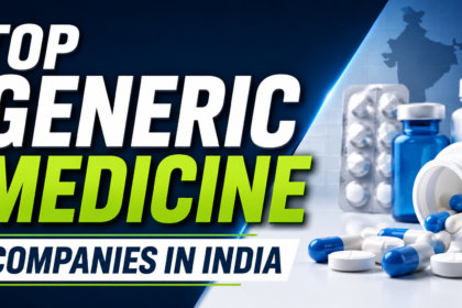 Modern pharmaceutical blog thumbnail featuring medicine capsules, bottles, and bold text about top generic medicine companies in India on a dark blue background.