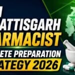 Educational NHM Chhattisgarh Pharmacist preparation thumbnail featuring bold white and yellow text with pharmacy symbols, medicine bottles, capsules, and healthcare graphics on a dark blue and green background.