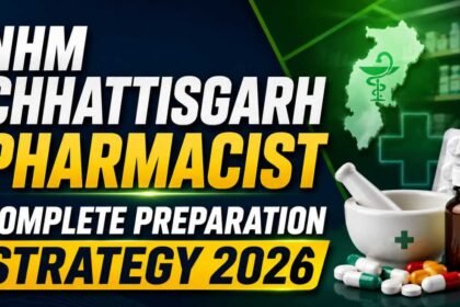 Educational NHM Chhattisgarh Pharmacist preparation thumbnail featuring bold white and yellow text with pharmacy symbols, medicine bottles, capsules, and healthcare graphics on a dark blue and green background.