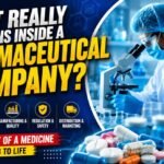 Scientist working in a pharmaceutical laboratory with microscope, medicines, manufacturing, logistics, and business visuals representing what happens inside a pharmaceutical company.