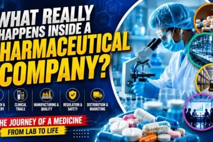Scientist working in a pharmaceutical laboratory with microscope, medicines, manufacturing, logistics, and business visuals representing what happens inside a pharmaceutical company.
