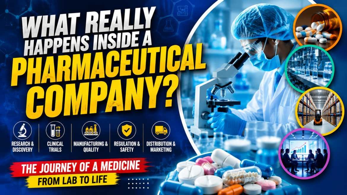 Scientist working in a pharmaceutical laboratory with microscope, medicines, manufacturing, logistics, and business visuals representing what happens inside a pharmaceutical company.