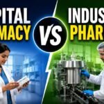 Hospital Pharmacy vs Industrial Pharmacy comparison thumbnail featuring hospital pharmacist and pharmaceutical industry professional in split-screen design.