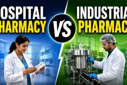Hospital Pharmacy vs Industrial Pharmacy comparison thumbnail featuring hospital pharmacist and pharmaceutical industry professional in split-screen design.