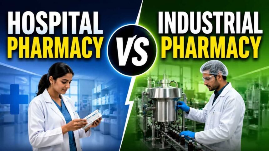 Hospital Pharmacy vs Industrial Pharmacy comparison thumbnail featuring hospital pharmacist and pharmaceutical industry professional in split-screen design.