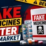 Warning-themed thumbnail showing fake medicine boxes, capsules, and bottles with bold text “How Fake Medicines Enter the Market” in red, yellow, and white colors.