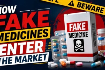 Warning-themed thumbnail showing fake medicine boxes, capsules, and bottles with bold text “How Fake Medicines Enter the Market” in red, yellow, and white colors.