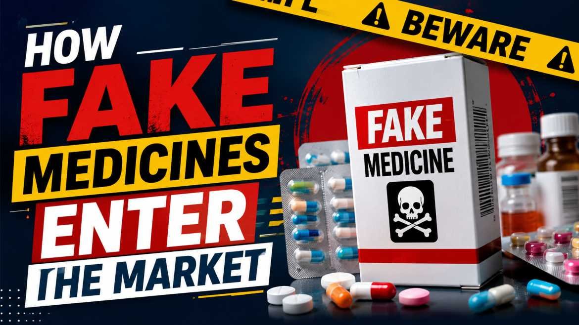 Warning-themed thumbnail showing fake medicine boxes, capsules, and bottles with bold text “How Fake Medicines Enter the Market” in red, yellow, and white colors.