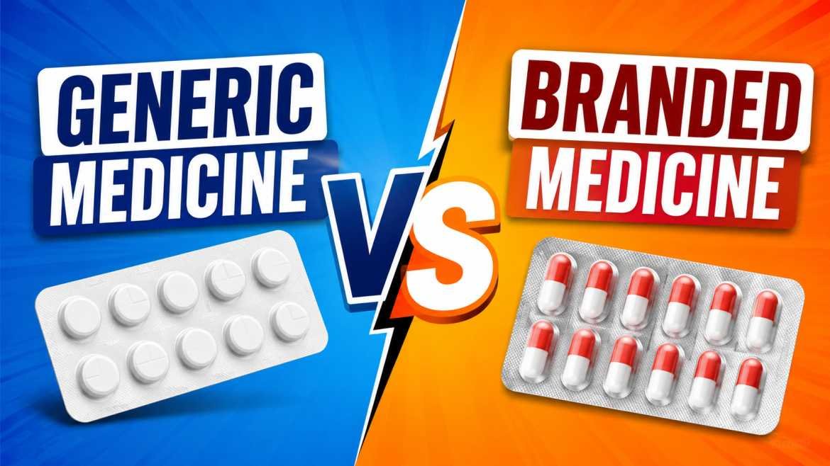 Generic Medicine vs Branded Medicine comparison thumbnail with colorful split background and medicine blister packs.