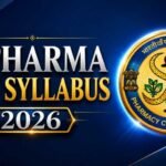 Professional educational thumbnail displaying “B Pharma New Syllabus 2026” with a premium blue and gold design, featuring the Pharmacy Council of India (PCI) emblem and modern glowing typography.