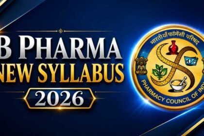 Professional educational thumbnail displaying “B Pharma New Syllabus 2026” with a premium blue and gold design, featuring the Pharmacy Council of India (PCI) emblem and modern glowing typography.