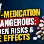 Warning-themed thumbnail showing spilled medicine pills, a danger sign, and bold text about the hidden risks and side effects of self-medication.