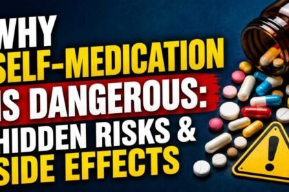 Warning-themed thumbnail showing spilled medicine pills, a danger sign, and bold text about the hidden risks and side effects of self-medication.