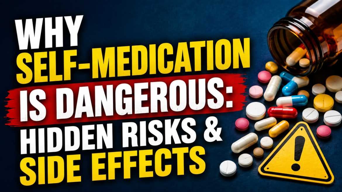 Warning-themed thumbnail showing spilled medicine pills, a danger sign, and bold text about the hidden risks and side effects of self-medication.