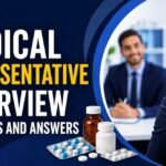 Medical Representative interview thumbnail featuring pharma job interview scene with medicines and bold text about interview questions and answers.