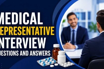 Medical Representative interview thumbnail featuring pharma job interview scene with medicines and bold text about interview questions and answers.