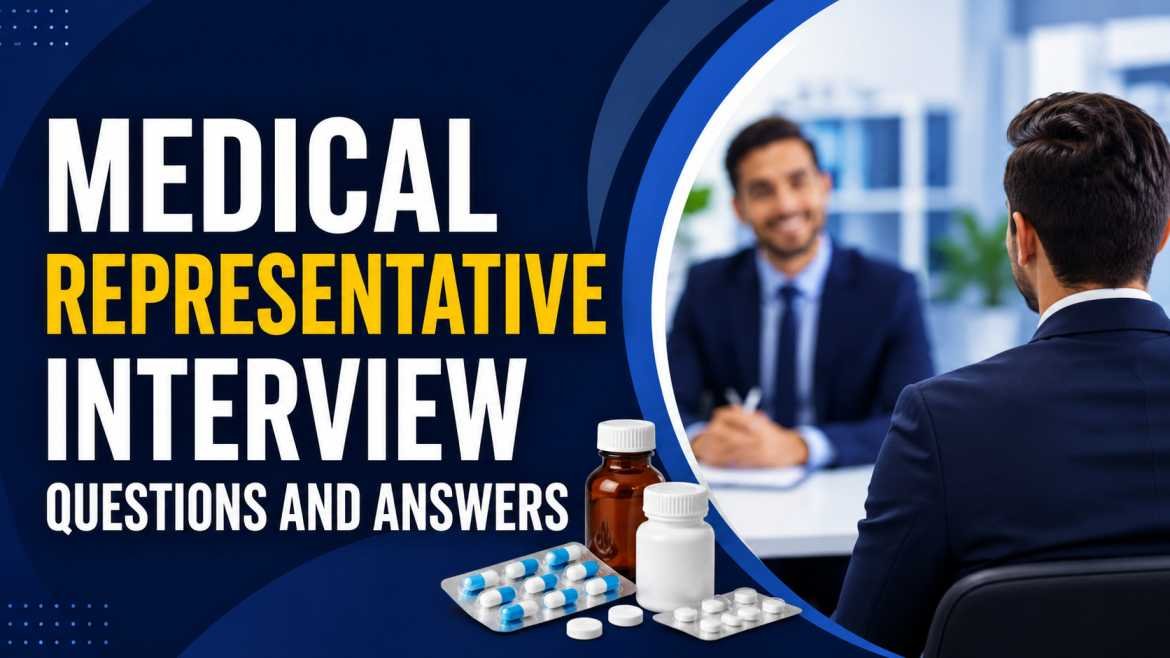 Medical Representative interview thumbnail featuring pharma job interview scene with medicines and bold text about interview questions and answers.