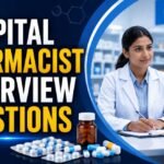 Hospital pharmacist interview thumbnail featuring a pharmacy professional, hospital setting, medicines, and bold text about interview questions.