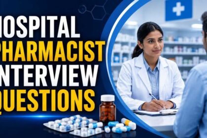 Hospital pharmacist interview thumbnail featuring a pharmacy professional, hospital setting, medicines, and bold text about interview questions.