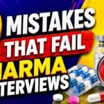 Colorful pharma interview thumbnail featuring medicine bottles, capsules, warning symbol, and bold text about common mistakes that fail pharma interviews.