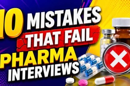 Colorful pharma interview thumbnail featuring medicine bottles, capsules, warning symbol, and bold text about common mistakes that fail pharma interviews.