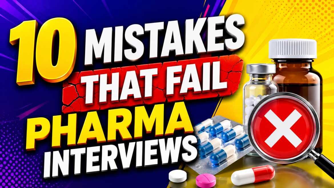Colorful pharma interview thumbnail featuring medicine bottles, capsules, warning symbol, and bold text about common mistakes that fail pharma interviews.