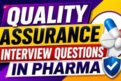 Colorful 16:9 YouTube thumbnail for “Quality Assurance Interview Questions in Pharma” featuring bold typography, vibrant purple, yellow, and red gradients, pharmaceutical capsules, and a shield icon representing safety and quality.