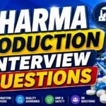 Colorful 16:9 thumbnail showing pharma production interview questions with medicine capsules, pharmaceutical factory, laboratory worker, and bold attractive text design.