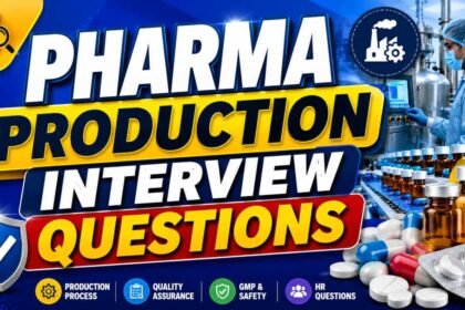 Colorful 16:9 thumbnail showing pharma production interview questions with medicine capsules, pharmaceutical factory, laboratory worker, and bold attractive text design.