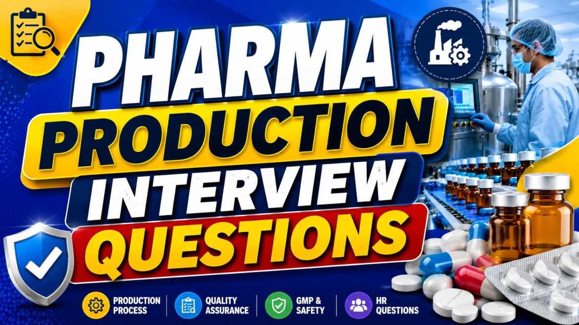 Colorful 16:9 thumbnail showing pharma production interview questions with medicine capsules, pharmaceutical factory, laboratory worker, and bold attractive text design.