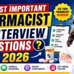 Colorful YouTube thumbnail featuring a smiling female pharmacist in a white coat, bold text saying “Most Important Pharmacist Interview Questions in 2026,” medicine icons, prescription bottle, and interview checklist on a blue background.