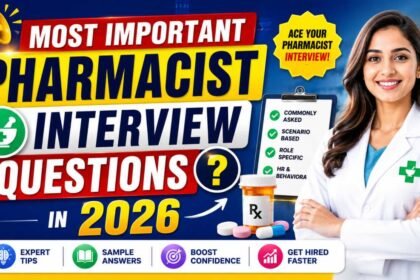 Colorful YouTube thumbnail featuring a smiling female pharmacist in a white coat, bold text saying “Most Important Pharmacist Interview Questions in 2026,” medicine icons, prescription bottle, and interview checklist on a blue background.