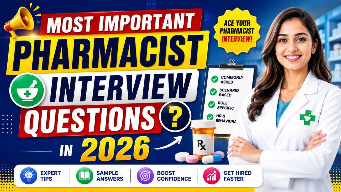 Colorful YouTube thumbnail featuring a smiling female pharmacist in a white coat, bold text saying “Most Important Pharmacist Interview Questions in 2026,” medicine icons, prescription bottle, and interview checklist on a blue background.