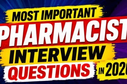 Colorful 16:9 thumbnail design with bold text reading “Most Important Pharmacist Interview Questions in 2026” in bright yellow, red, white, and black typography on a vibrant blue and purple background.