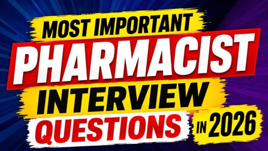 Colorful 16:9 thumbnail design with bold text reading “Most Important Pharmacist Interview Questions in 2026” in bright yellow, red, white, and black typography on a vibrant blue and purple background.