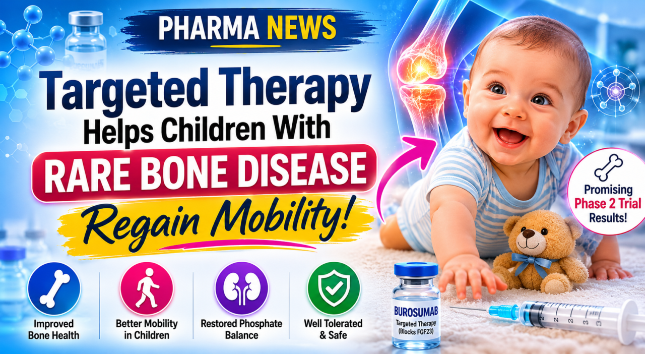 Bright pharmaceutical news thumbnail featuring a smiling 5-month-old baby beside a glowing bone joint illustration and bold headline about targeted therapy helping children with rare bone disease regain mobility.