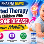 Bright pharmaceutical news thumbnail featuring a smiling 5-month-old baby beside a glowing bone joint illustration and bold headline about targeted therapy helping children with rare bone disease regain mobility.
