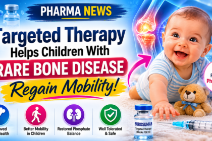 Bright pharmaceutical news thumbnail featuring a smiling 5-month-old baby beside a glowing bone joint illustration and bold headline about targeted therapy helping children with rare bone disease regain mobility.