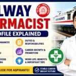 Railway Pharmacist Job Profile Explained thumbnail featuring an Indian Railways train, female pharmacist, salary details, eligibility, duties, career growth, and exam preparation information.