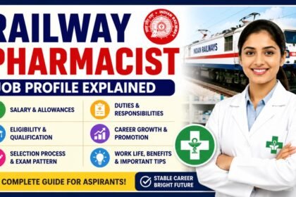 Railway Pharmacist Job Profile Explained thumbnail featuring an Indian Railways train, female pharmacist, salary details, eligibility, duties, career growth, and exam preparation information.