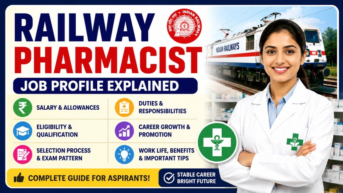 Railway Pharmacist Job Profile Explained thumbnail featuring an Indian Railways train, female pharmacist, salary details, eligibility, duties, career growth, and exam preparation information.