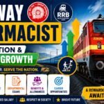 Attractive Railway Pharmacist career growth thumbnail featuring Indian Railways train, RRB logo, promotion arrows, and career opportunities banner in 16:9 format.