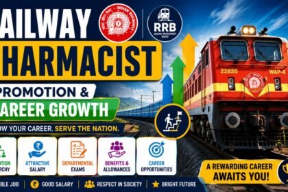 Attractive Railway Pharmacist career growth thumbnail featuring Indian Railways train, RRB logo, promotion arrows, and career opportunities banner in 16:9 format.