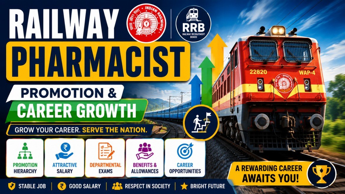Attractive Railway Pharmacist career growth thumbnail featuring Indian Railways train, RRB logo, promotion arrows, and career opportunities banner in 16:9 format.
