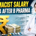 Professional pharmacist standing in pharmacy with rupee symbol, cash bundles, and medicines showing pharmacist salary in India after B Pharma.