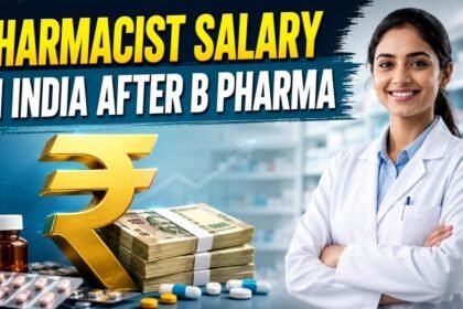 Professional pharmacist standing in pharmacy with rupee symbol, cash bundles, and medicines showing pharmacist salary in India after B Pharma.
