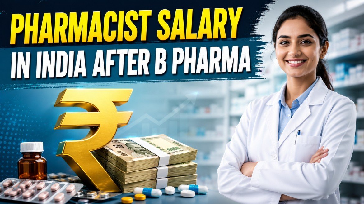 Professional pharmacist standing in pharmacy with rupee symbol, cash bundles, and medicines showing pharmacist salary in India after B Pharma.