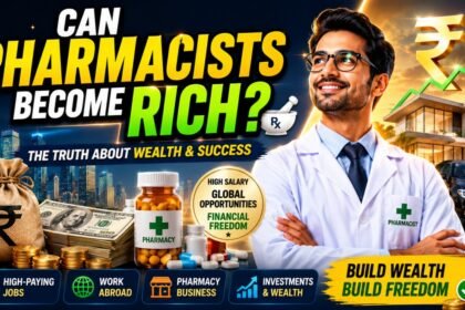 YouTube thumbnail showing “Can Pharmacists Become Rich?” with money, pharmacy symbols, luxury house, car, investment graphics, and a pharmacist representing financial success and wealth creation.