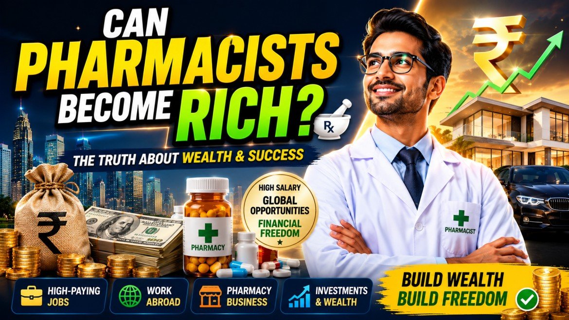 YouTube thumbnail showing “Can Pharmacists Become Rich?” with money, pharmacy symbols, luxury house, car, investment graphics, and a pharmacist representing financial success and wealth creation.